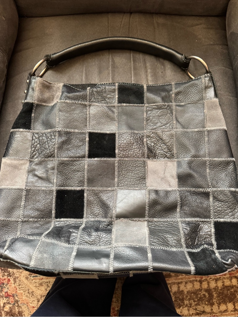 Lucky Brand Black and Gray Patchwork Leather Shoulder Bag Vintage